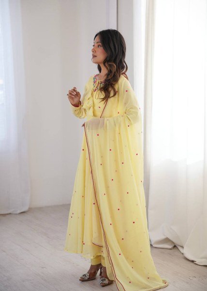 Sleek Yellow Faux Georgette Anarkali Suit with Pant with Embroidered Dupatta Ready To Wear Collection