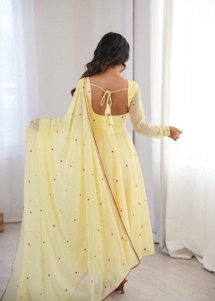 Sleek Yellow Faux Georgette Anarkali Suit with Pant with Embroidered Dupatta Ready To Wear Collection