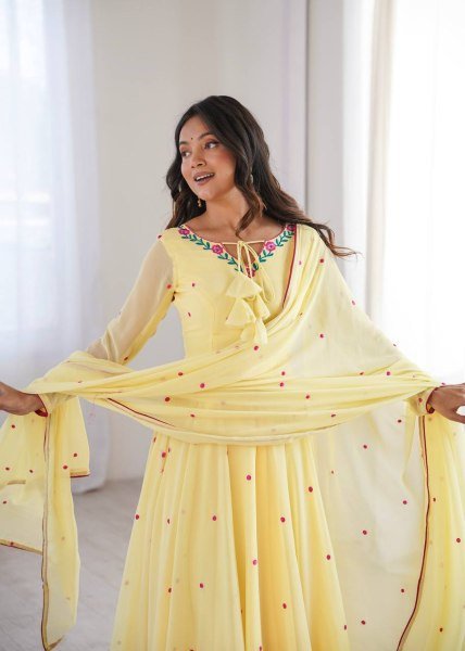 Sleek Yellow Faux Georgette Anarkali Suit with Pant with Embroidered Dupatta Ready To Wear Collection