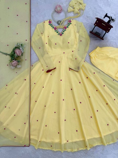 Sleek Yellow Faux Georgette Anarkali Suit with Pant with Embroidered Dupatta Ready To Wear Collection