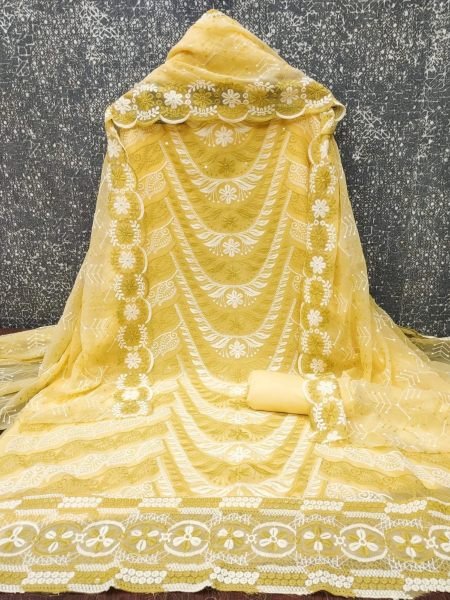 Sleek Yellow  Georgette Top Bottom Dupatta Set with Siffly Work at Wholesale Rate 