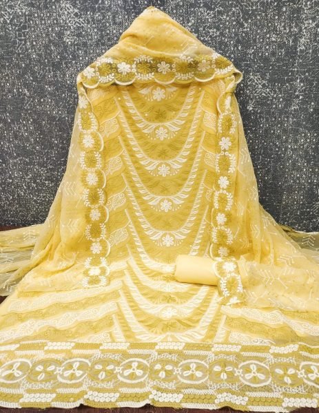 Sleek Yellow  Georgette Top Bottom Dupatta Set with Siffly Work at Wholesale Rate Color Set Matching Dress Material Wholesale