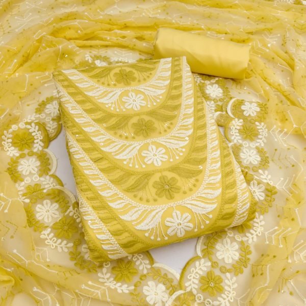 Sleek Yellow  Georgette Top Bottom Dupatta Set with Siffly Work at Wholesale Rate Color Set Matching Dress Material Wholesale