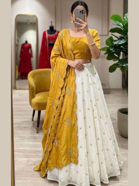 Sleek Yellow Premium Flared Lehenga Set in Chinnon Silk with Stylish Dori Fit Design  Lehenga