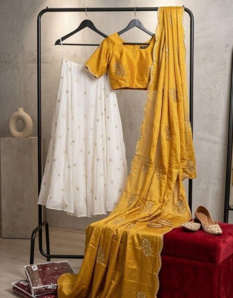 Sleek Yellow Premium Flared Lehenga Set in Chinnon Silk with Stylish Dori Fit Design Designer Lehenga Choli