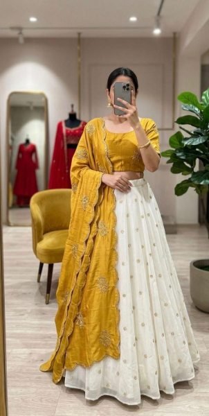 Sleek Yellow Premium Flared Lehenga Set in Chinnon Silk with Stylish Dori Fit Design Designer Lehenga Choli