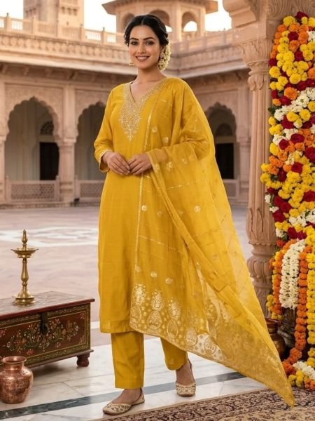 Sleek Yellow Roman Silk Embroidered Kurti Pant Dupatta Set with Sequin Work for Festival 