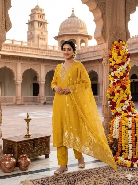 Sleek Yellow Roman Silk Embroidered Kurti Pant Dupatta Set with Sequin Work for Festival Embroidery Kurtis 