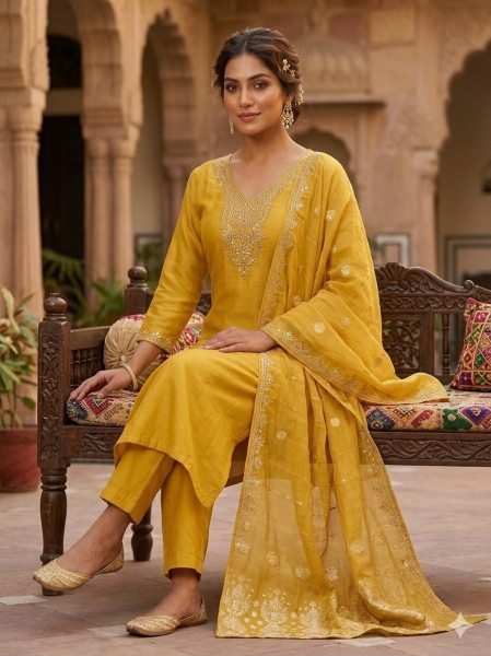 Sleek Yellow Roman Silk Embroidered Kurti Pant Dupatta Set with Sequin Work for Festival Embroidery Kurtis 