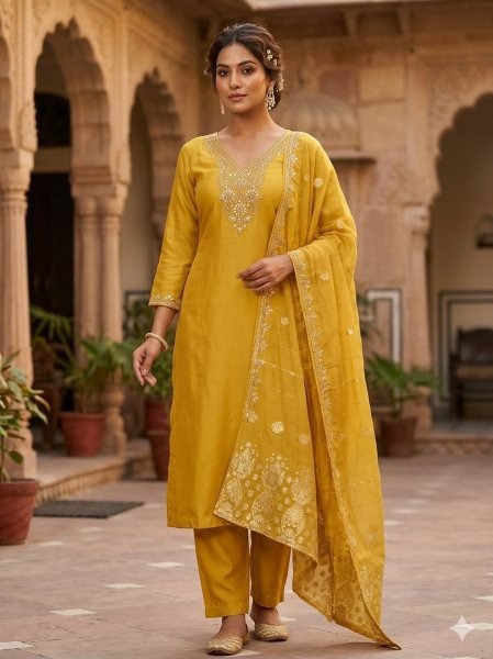 Sleek Yellow Roman Silk Embroidered Kurti Pant Dupatta Set with Sequin Work for Festival Embroidery Kurtis 