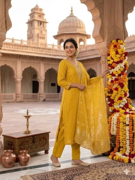 Sleek Yellow Roman Silk Embroidered Kurti Pant Dupatta Set with Sequin Work for Festival Embroidery Kurtis 
