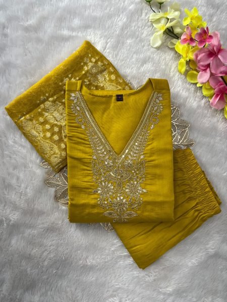 Sleek Yellow Roman Silk Embroidered Kurti Pant Dupatta Set with Sequin Work for Festival Embroidery Kurtis 