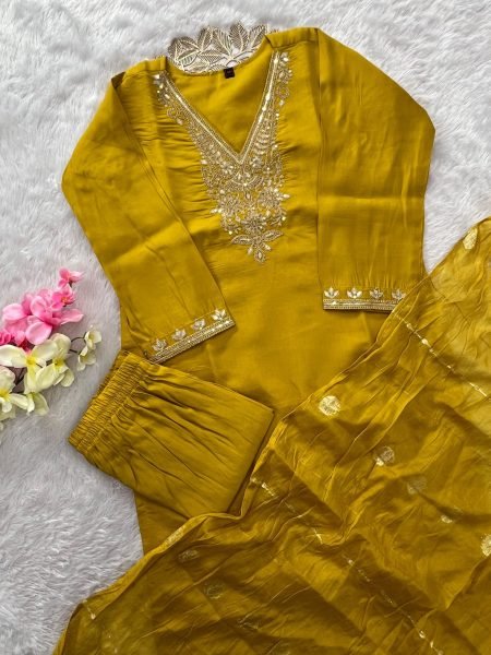 Sleek Yellow Roman Silk Embroidered Kurti Pant Dupatta Set with Sequin Work for Festival Embroidery Kurtis 