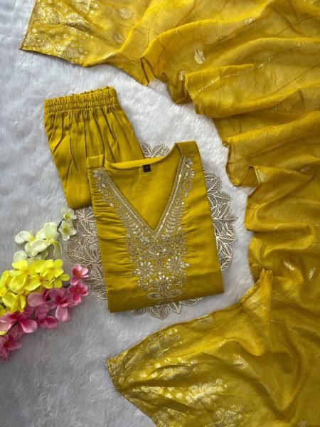 Sleek Yellow Roman Silk Embroidered Kurti Pant Dupatta Set with Sequin Work for Festival Embroidery Kurtis 