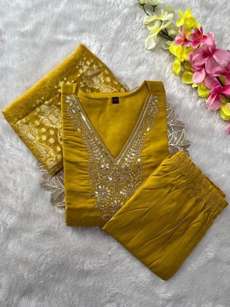 Sleek Yellow Roman Silk Embroidered Kurti Pant Dupatta Set with Sequin Work for Festival Embroidery Kurtis 