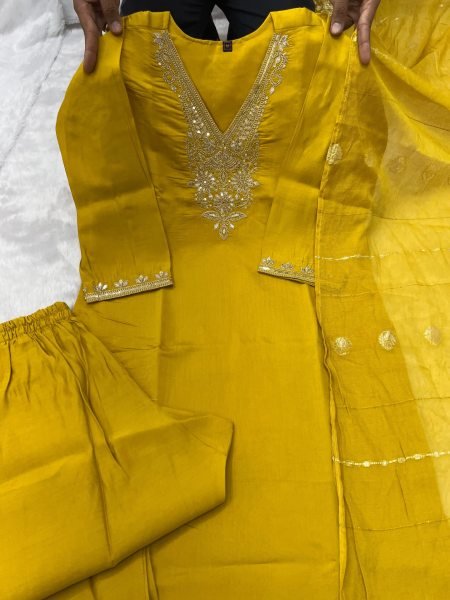 Sleek Yellow Roman Silk Embroidered Kurti Pant Dupatta Set with Sequin Work for Festival Embroidery Kurtis 