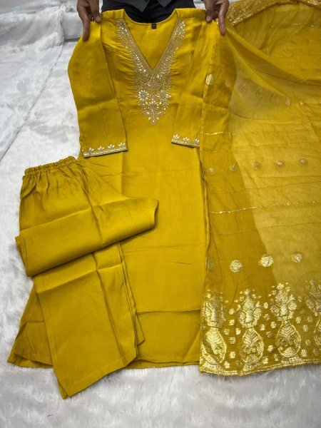 Sleek Yellow Roman Silk Embroidered Kurti Pant Dupatta Set with Sequin Work for Festival Embroidery Kurtis 