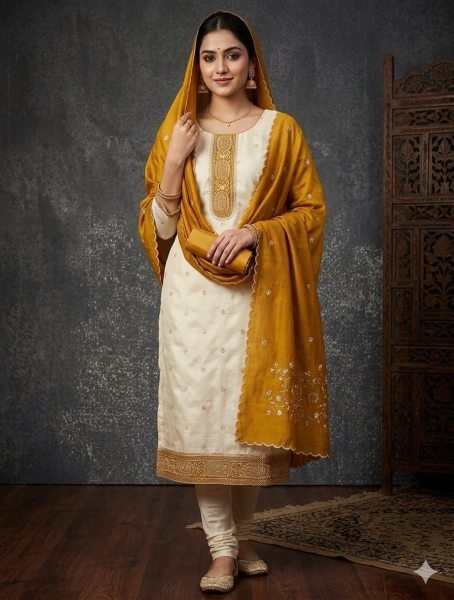 Sleek Yellow Vichitra Silk Suit Set with Embroidery Work and Indian Santoon Bottom Color Set Matching Dress Material Wholesale