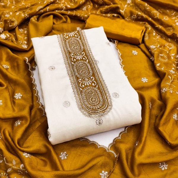 Sleek Yellow Vichitra Silk Suit Set with Embroidery Work and Indian Santoon Bottom Color Set Matching Dress Material Wholesale