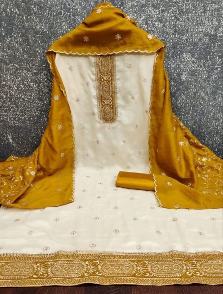 Sleek Yellow Vichitra Silk Suit Set with Embroidery Work and Indian Santoon Bottom Color Set Matching Dress Material Wholesale