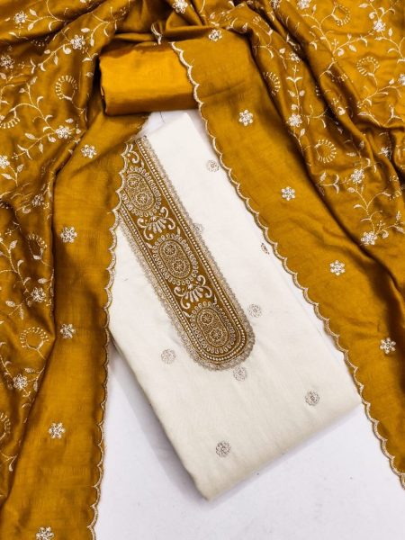 Sleek Yellow Vichitra Silk Suit Set with Embroidery Work and Indian Santoon Bottom Color Set Matching Dress Material Wholesale