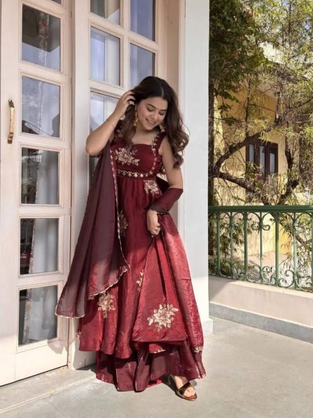 Sleeveless Maroon Silk Anarkali Gown with Sequence Embroidery Ready To Wear Suit