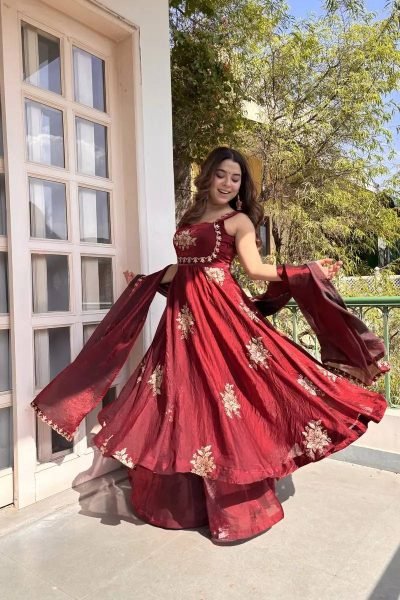 Sleeveless Maroon Silk Anarkali Gown with Sequence Embroidery Ready To Wear Collection