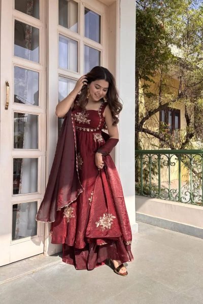 Sleeveless Maroon Silk Anarkali Gown with Sequence Embroidery Ready To Wear Collection