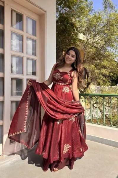 Sleeveless Maroon Silk Anarkali Gown with Sequence Embroidery Ready To Wear Collection