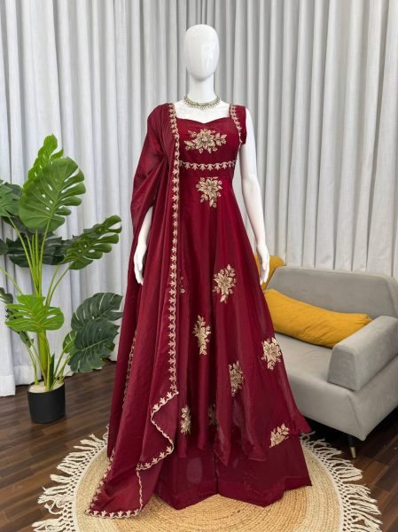 Sleeveless Maroon Silk Anarkali Gown with Sequence Embroidery Ready To Wear Collection