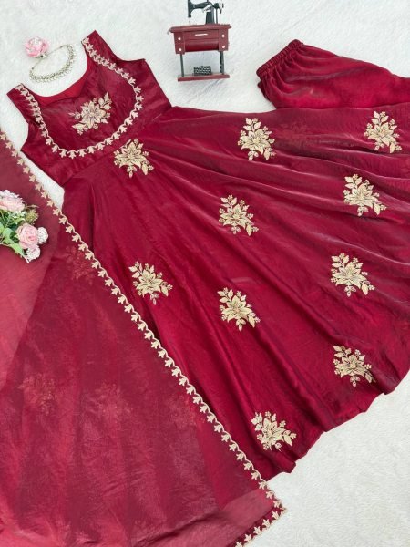 Sleeveless Maroon Silk Anarkali Gown with Sequence Embroidery Ready To Wear Collection