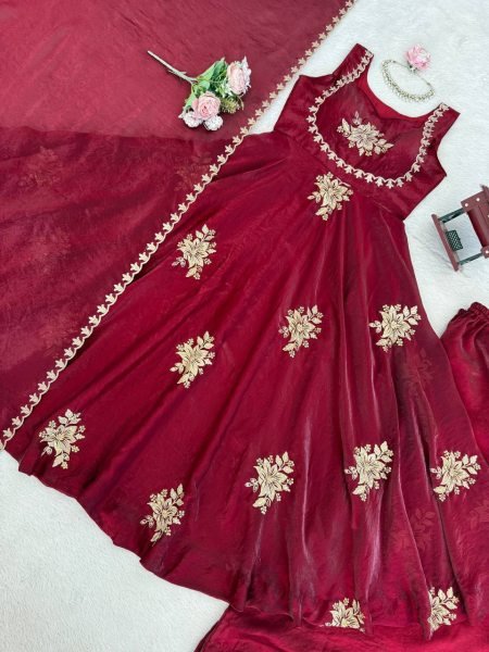 Sleeveless Maroon Silk Anarkali Gown with Sequence Embroidery Ready To Wear Collection