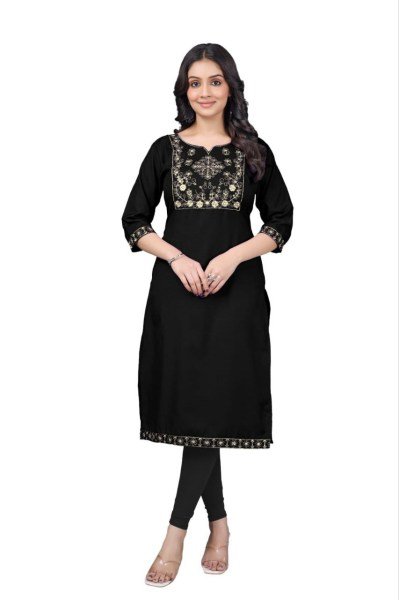 Smart Black Casual Tesla Cotton Embroidered Kurti for Office Wear Embroidery Kurtis 
