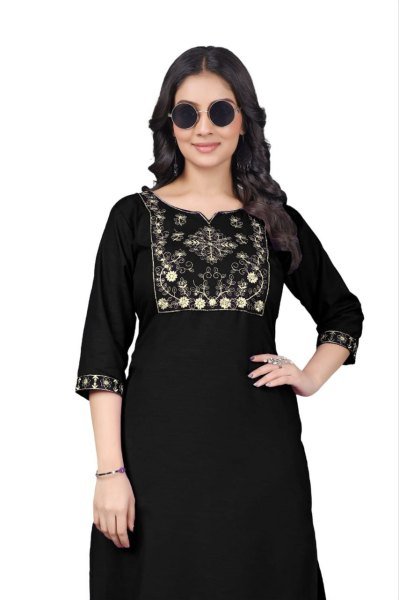 Smart Black Casual Tesla Cotton Embroidered Kurti for Office Wear Embroidery Kurtis 