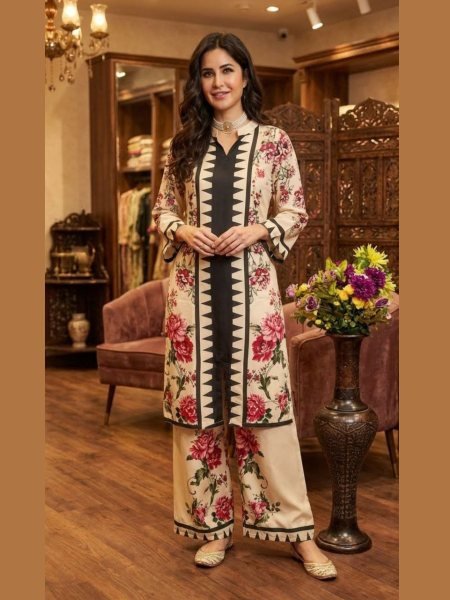 Smart Casual Cream Digital Print Co ord Set for Women Wear at Wholesale Rate Kurti With Bottom Wholesale