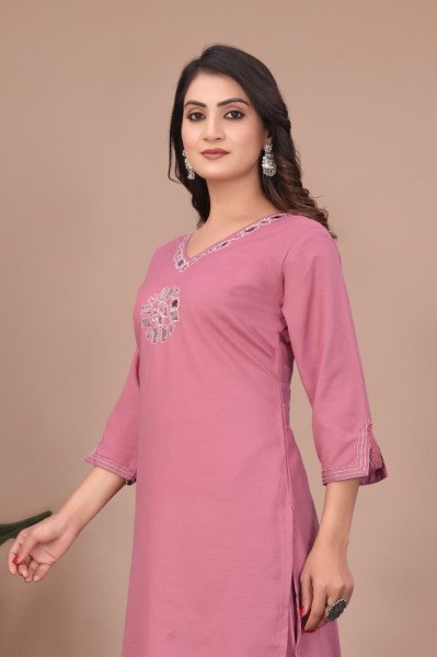 Smart-casual Pink Ready to Wear Slub Cotton Kurti With Pocket Pant for wholesalers  Straight Cut Long Kurtis