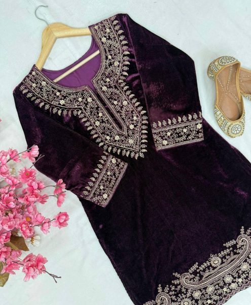 Smart casual Purple Fully Stitched Velvet Zari Embroidery Suit Set Perfect for Party Wear CO ORD Sets