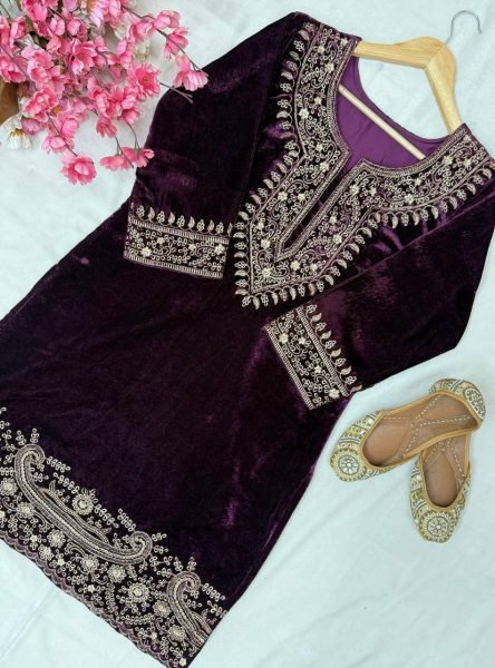 Smart casual Purple Fully Stitched Velvet Zari Embroidery Suit Set Perfect for Party Wear CO ORD Sets