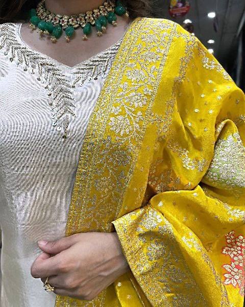 Smart-casual White Viscose Chanderi Suit with Yellow Jacquard Dupatta for Women 3 Piece Kurti Set