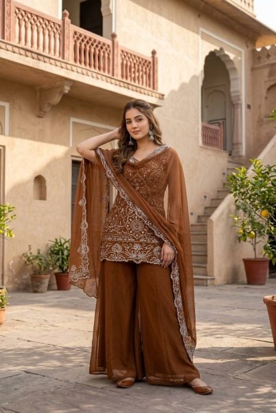 Smart Fashion Coffee Brown Star Georgette Palazzo Set With Embroidered Pearl Work Ready To Wear Collection