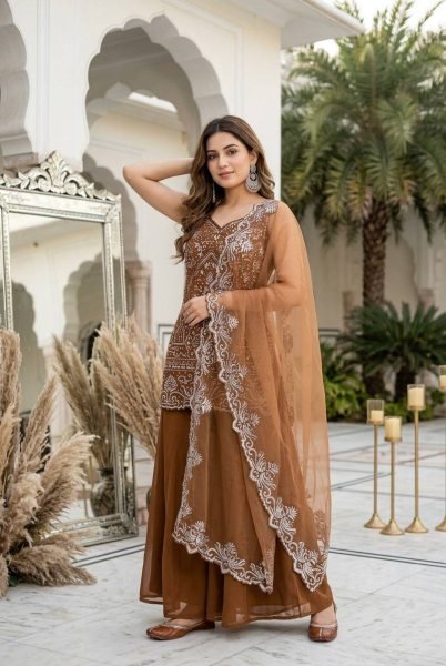 Smart Fashion Coffee Brown Star Georgette Palazzo Set With Embroidered Pearl Work Ready To Wear Collection