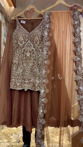 Smart Fashion Coffee Brown Star Georgette Palazzo Set With Embroidered Pearl Work Ready To Wear Collection