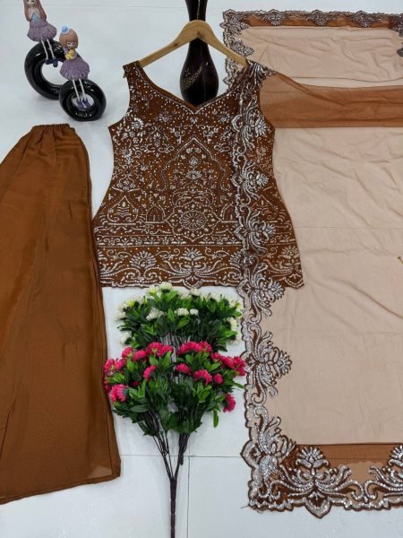 Smart Fashion Coffee Brown Star Georgette Palazzo Set With Embroidered Pearl Work Ready To Wear Collection