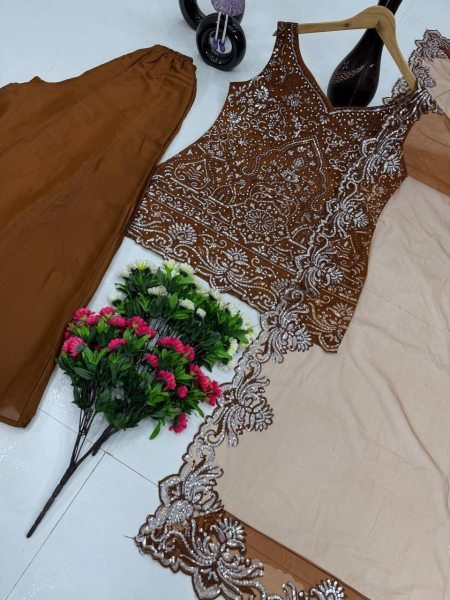 Smart Fashion Coffee Brown Star Georgette Palazzo Set With Embroidered Pearl Work Ready To Wear Collection