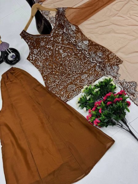 Smart Fashion Coffee Brown Star Georgette Palazzo Set With Embroidered Pearl Work Ready To Wear Collection
