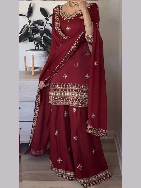Smooth Maroon Natural Crepe Sequence Work Top And 5mm Embroidery Sharara Palazzo Set with Dupatta 