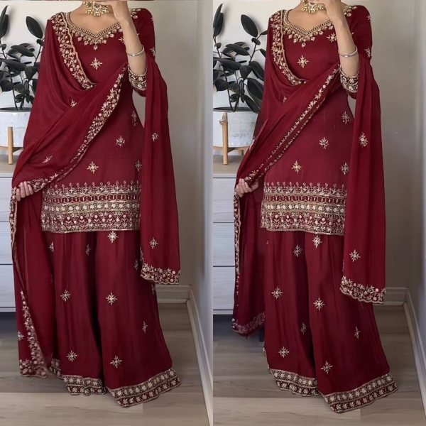 Smooth Maroon Natural Crepe Sequence Work Top And 5mm Embroidery Sharara Palazzo Set with Dupatta Ready To Wear Collection