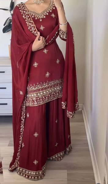 Smooth Maroon Natural Crepe Sequence Work Top And 5mm Embroidery Sharara Palazzo Set with Dupatta Ready To Wear Collection