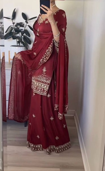 Smooth Maroon Natural Crepe Sequence Work Top And 5mm Embroidery Sharara Palazzo Set with Dupatta Ready To Wear Collection
