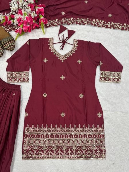 Smooth Maroon Natural Crepe Sequence Work Top And 5mm Embroidery Sharara Palazzo Set with Dupatta Ready To Wear Collection